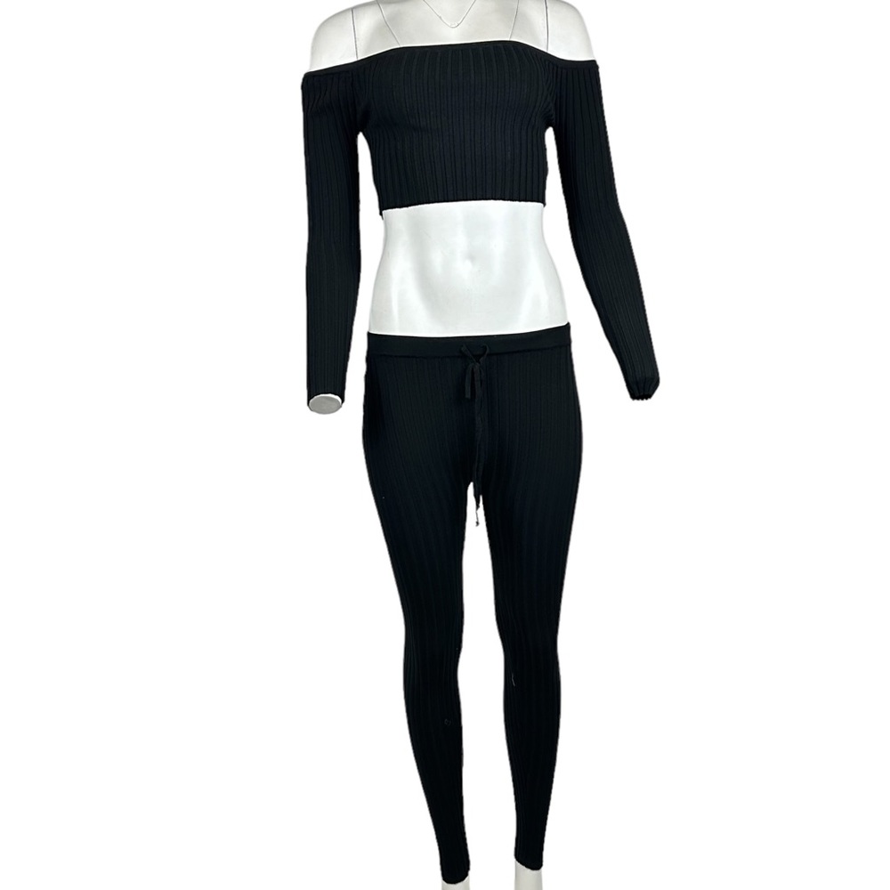 Two Piece Ribbed Leggings Set Black